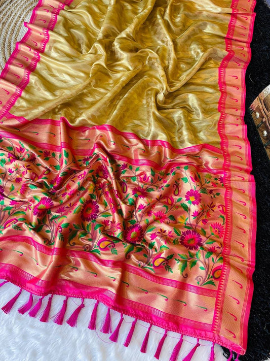 Adorable Golden Tissue Paithani Silk Saree