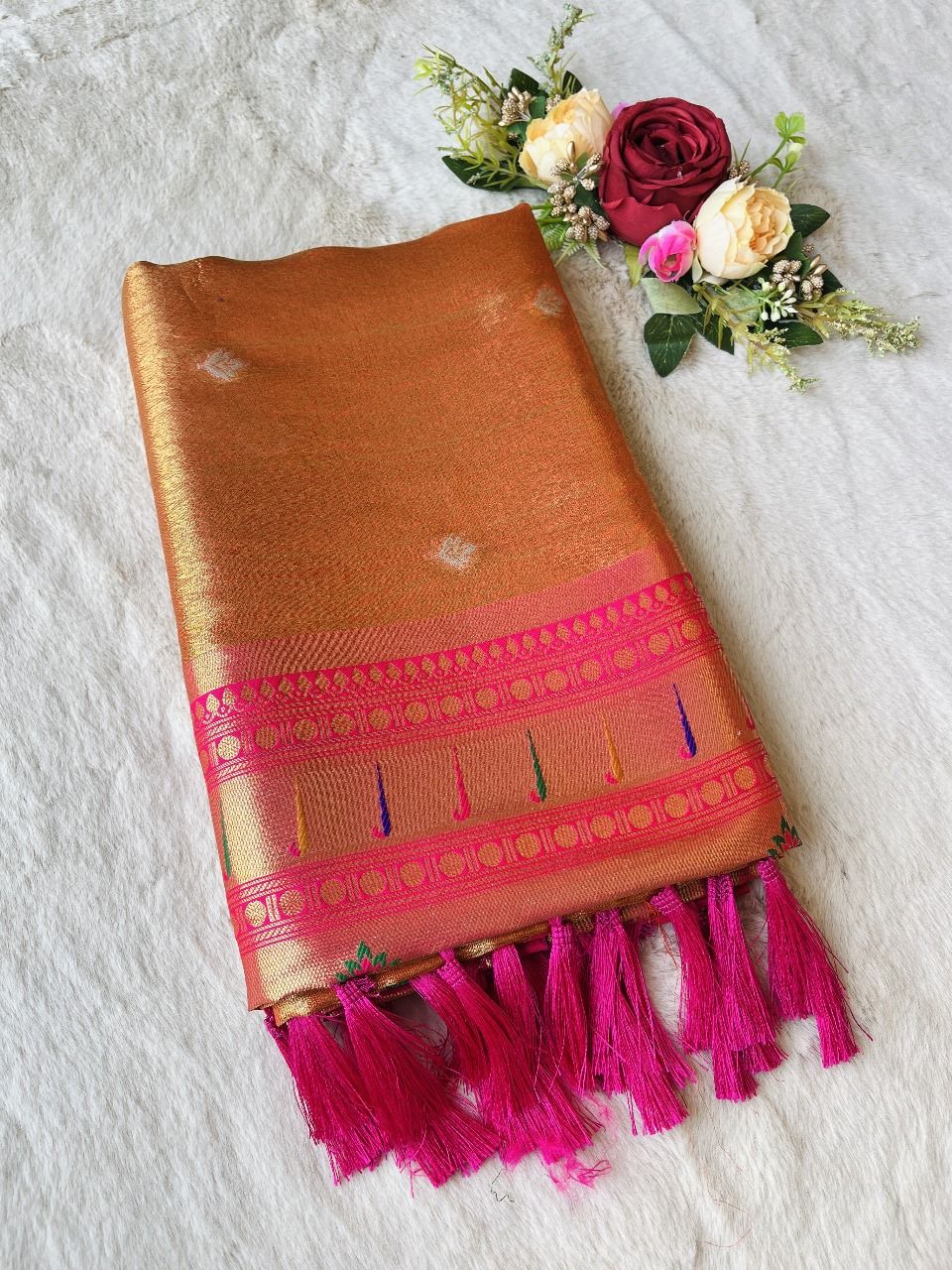 Adorable Orange Tissue Paithani Silk Saree