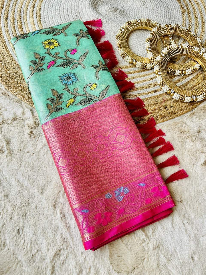 Dazzling Sea Green Colour Banarasi Meena Jaal Saree