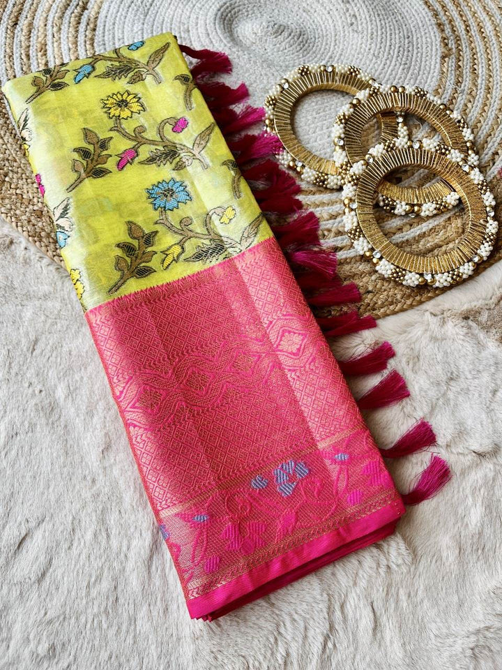 Dazzling Yellow Colour Banarasi Meena Jaal Saree