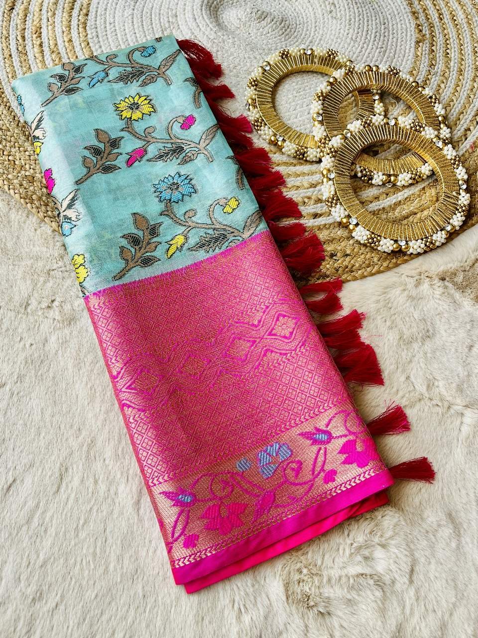 Dazzling Blue Colour Banarasi Meena Jaal Saree