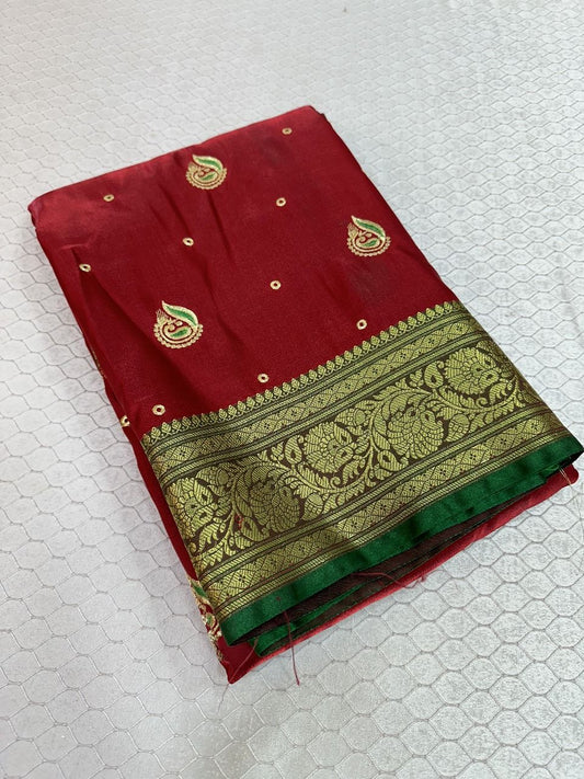 Dark Red Colour Banarasi Satin Silk