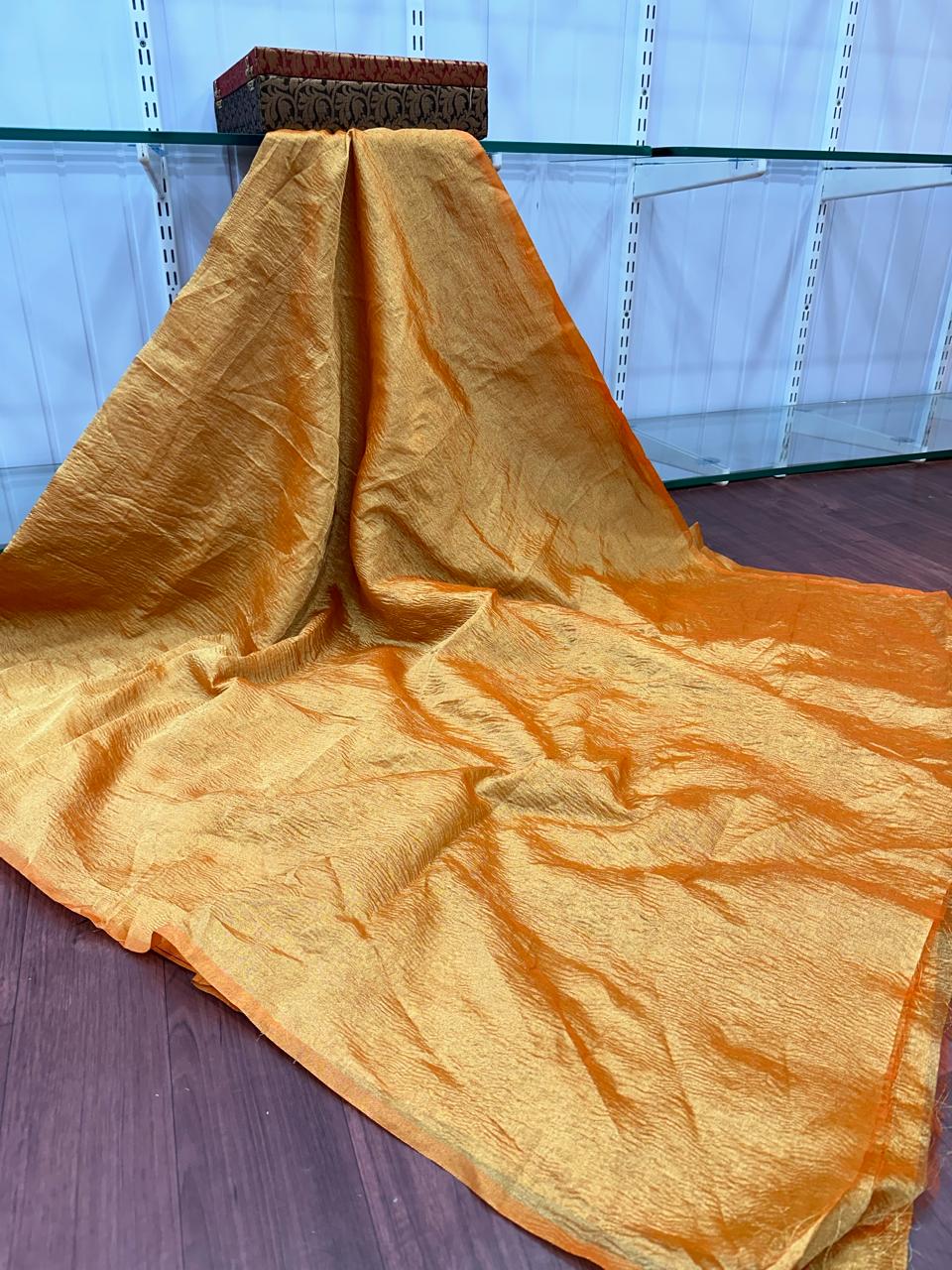 Beautiful Orange Colour Crush Tissue Saree