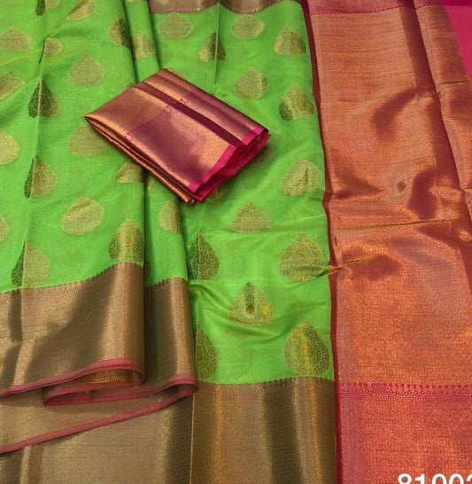 Parrot Green Colour Cotton Silk Buta Saree