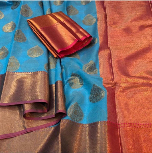 Sky Blue Colour Cotton Silk Buta Saree