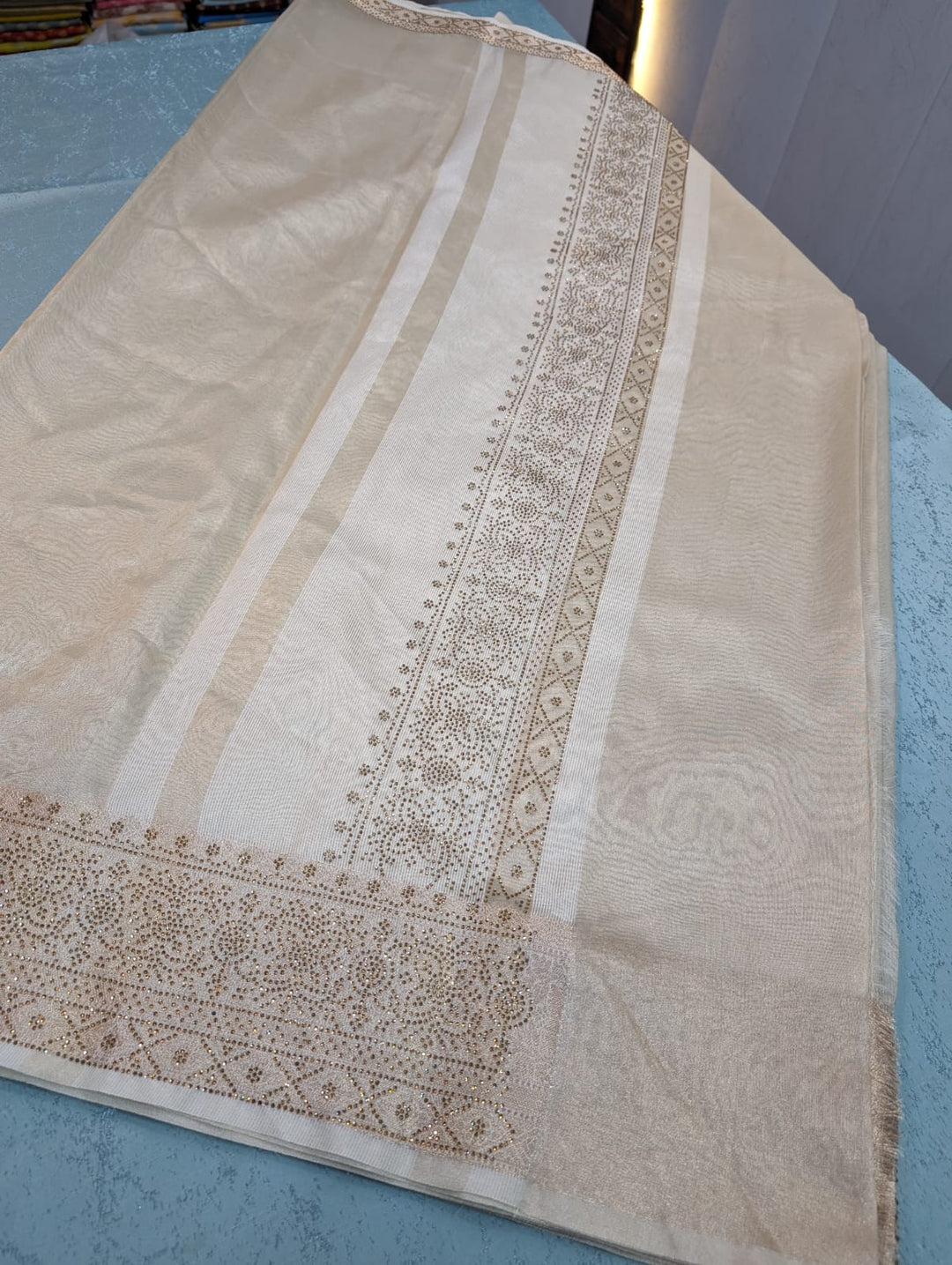 Premium siroski stone work on Manish Malhotra inspired tissue silk saree