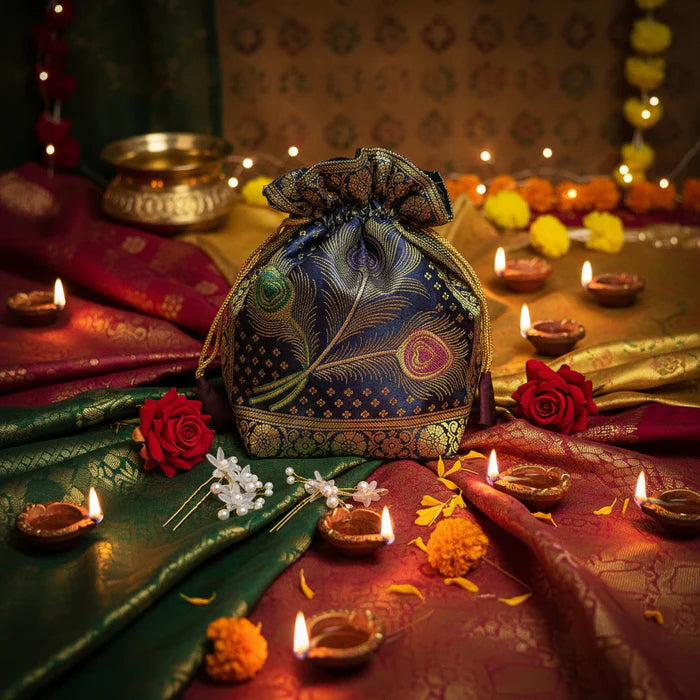 Navy Blue Banarasi Potli Bags