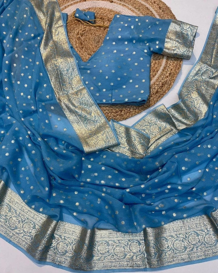 Premium Blue Color Georgette Banarasi Silk Saree