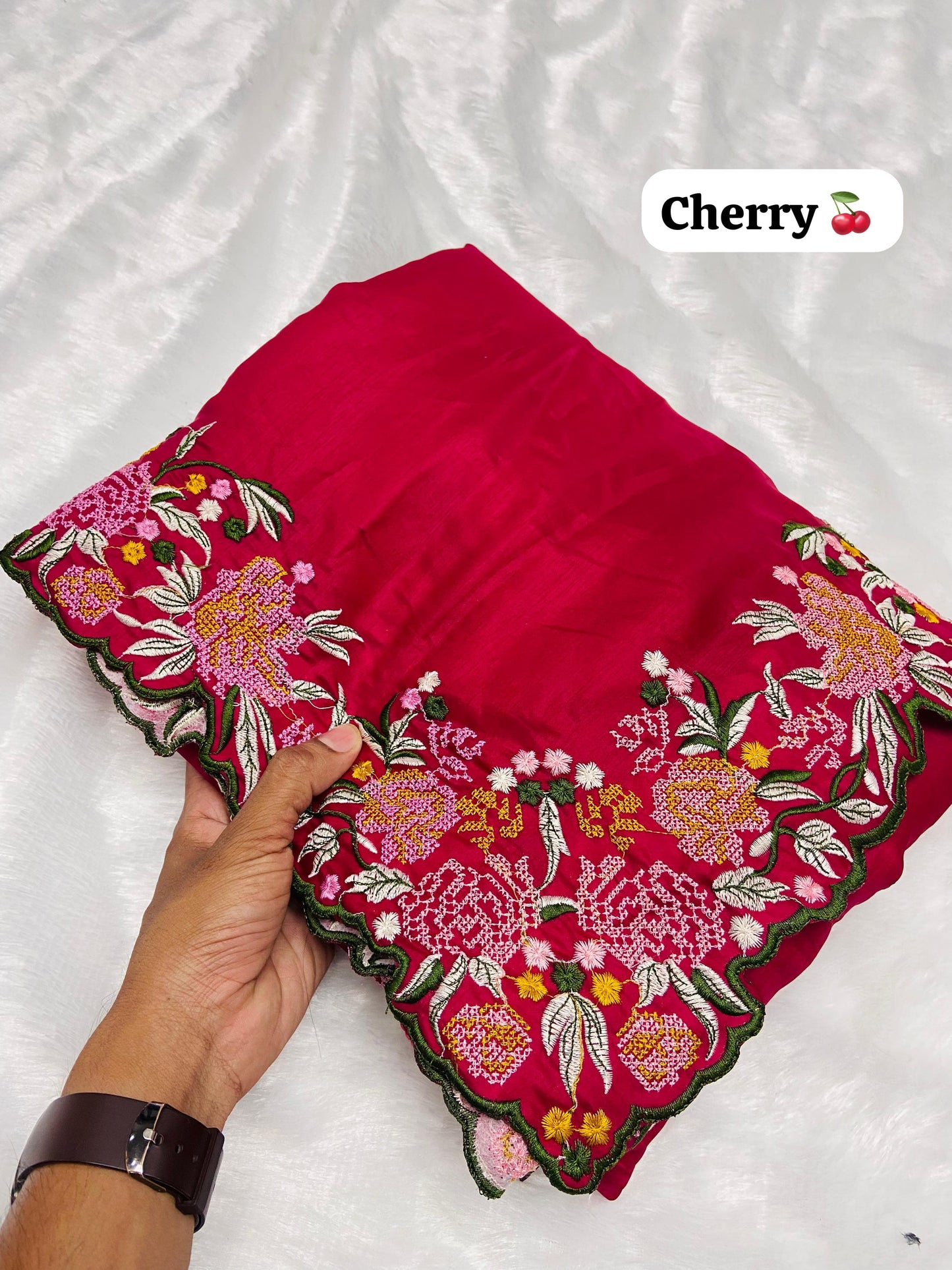 Premium Crochet Work Cherry Color Tussar Silk Saree