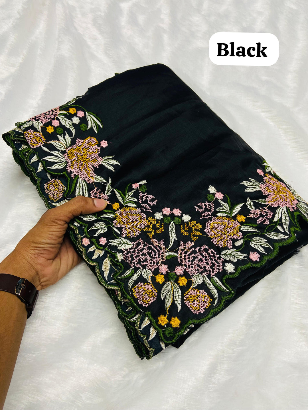 Premium Crochet Work Black Tussar Silk Saree