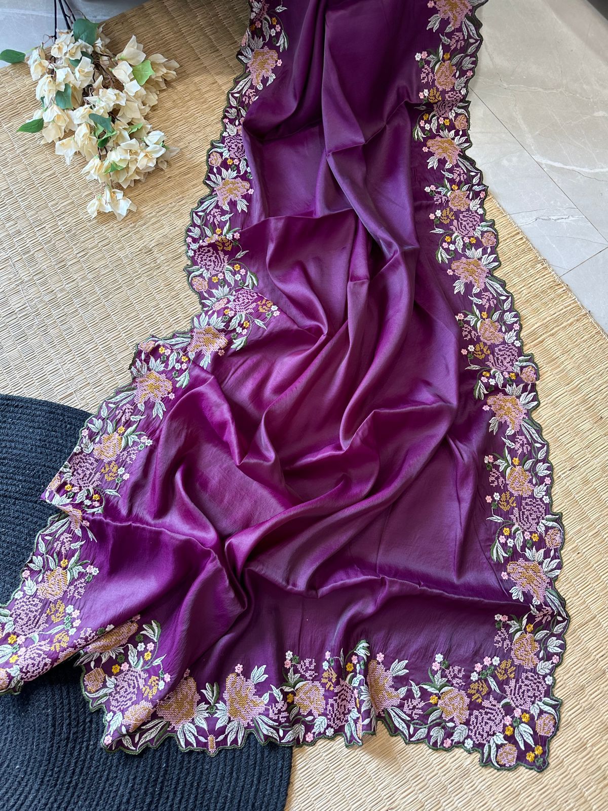 Premium Crochet Work Purple Tussar Silk Saree