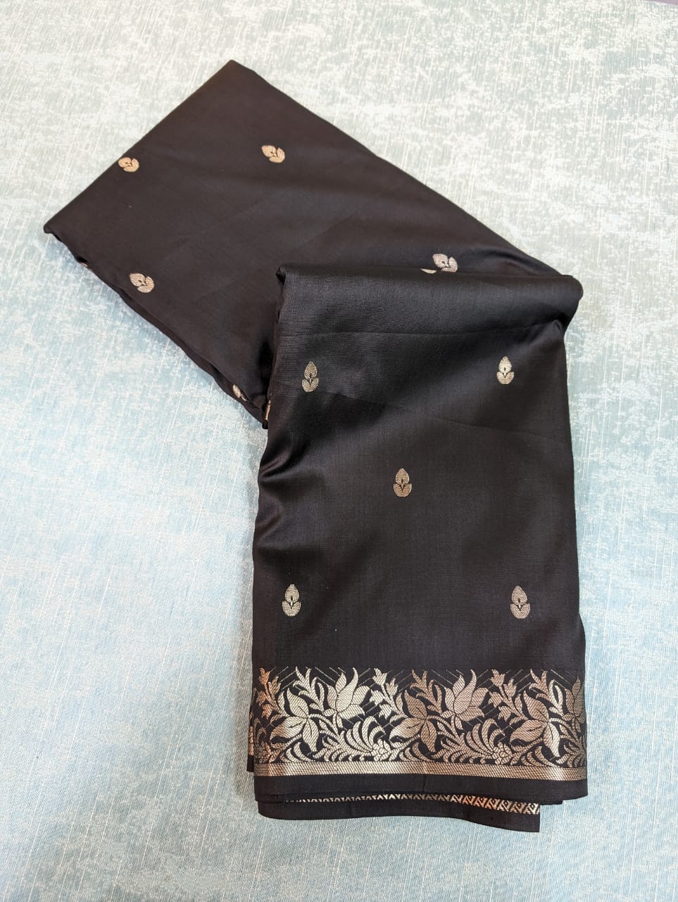 Premium Black Mashru Katan Silk Saree with pallu and blouse