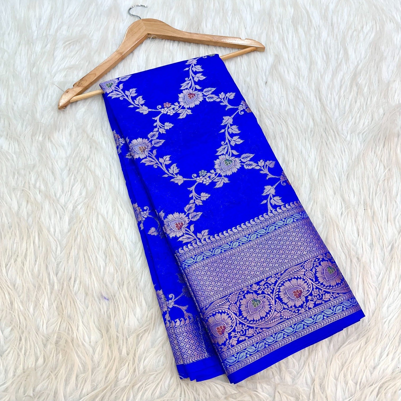 Bright Blue Chinia Silk Banarasi Saree