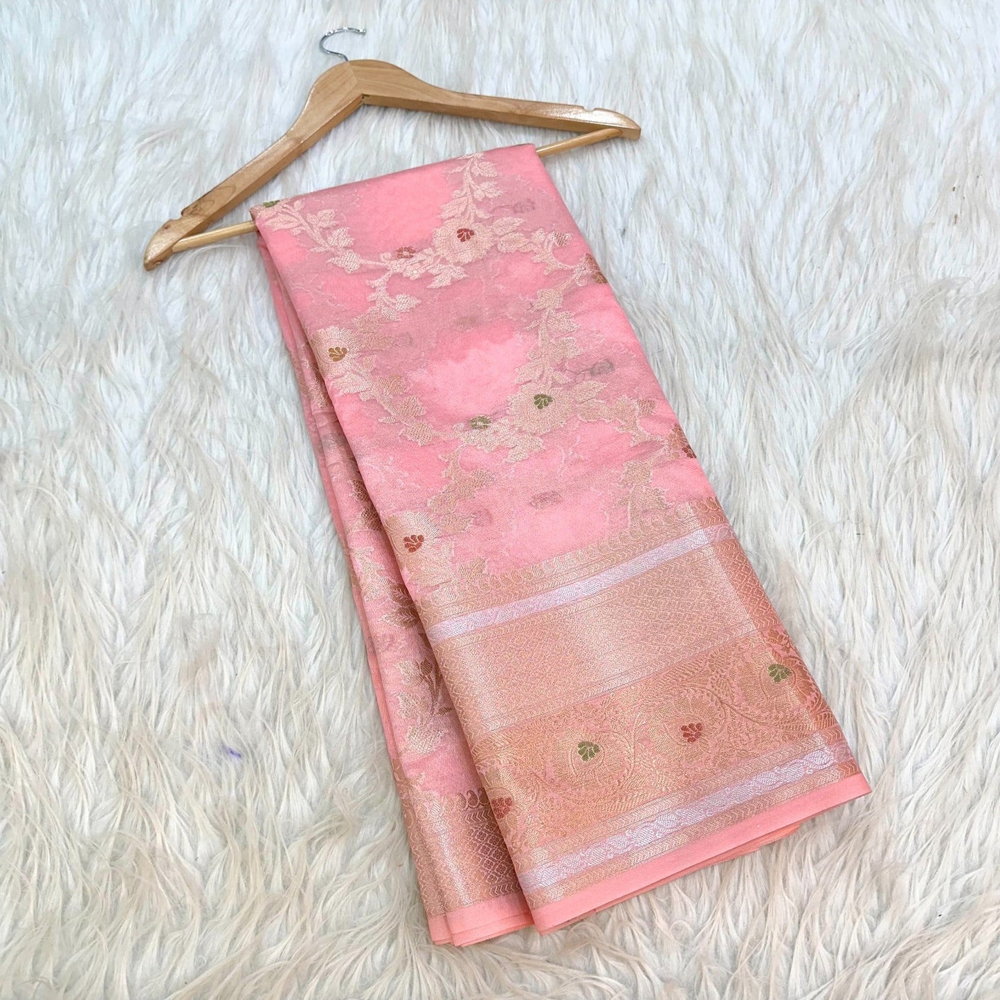 Bright Light Pink Chinia Silk Banarasi Saree