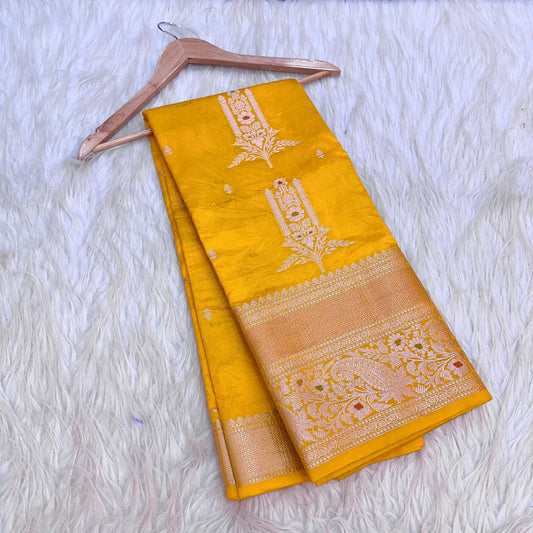 Bright Yellow Chinia Silk Banarasi Saree