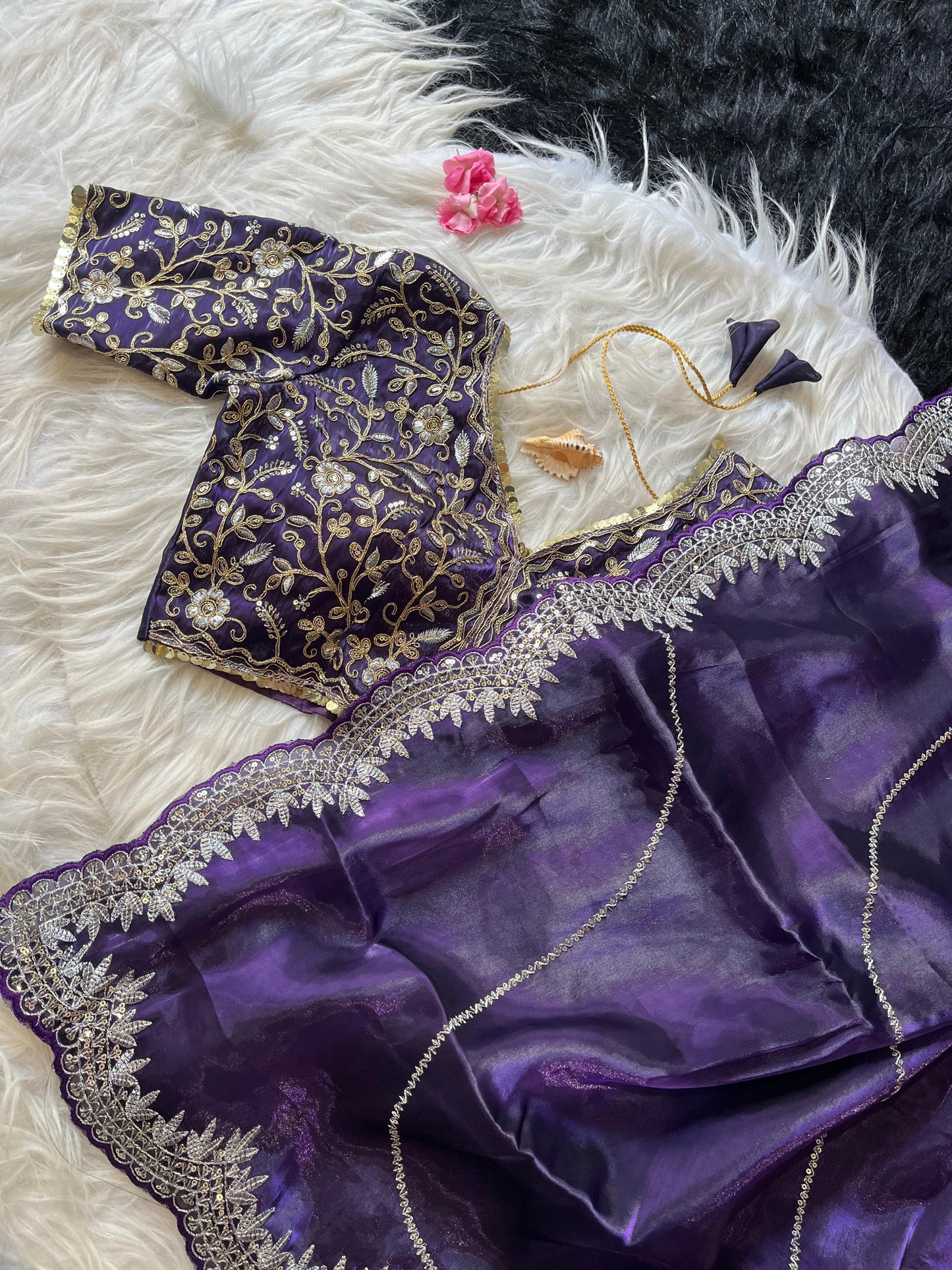 Designer Purple Glass Tissue Silk Saree With Scalaup Sequence Work