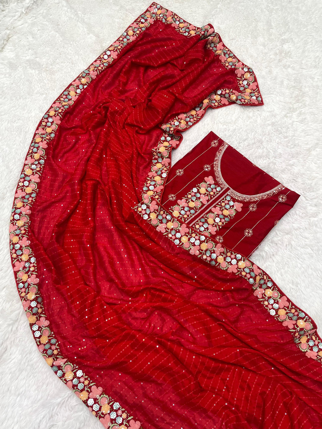 Red Heavy Sequence Work Saree