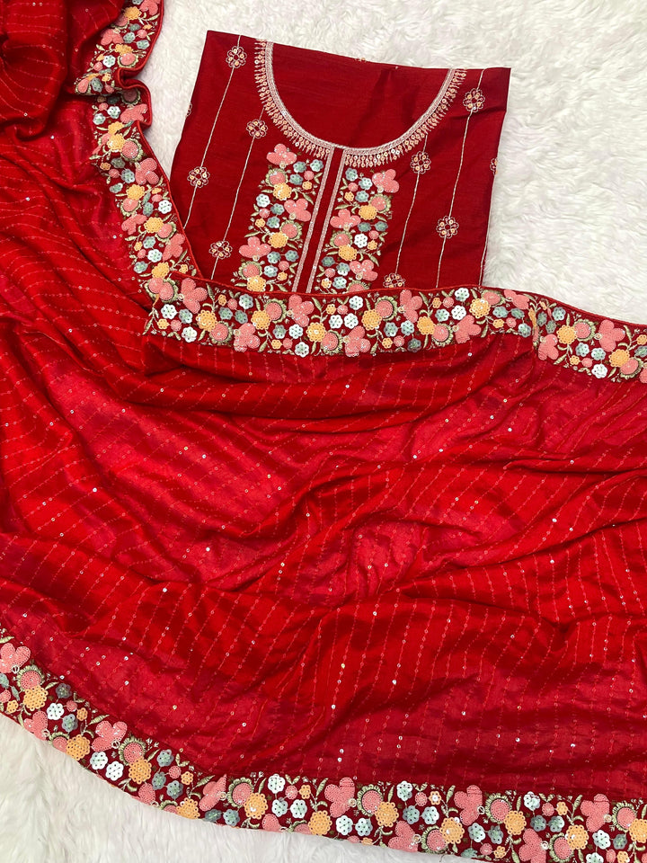 Red Heavy Sequence Work Saree