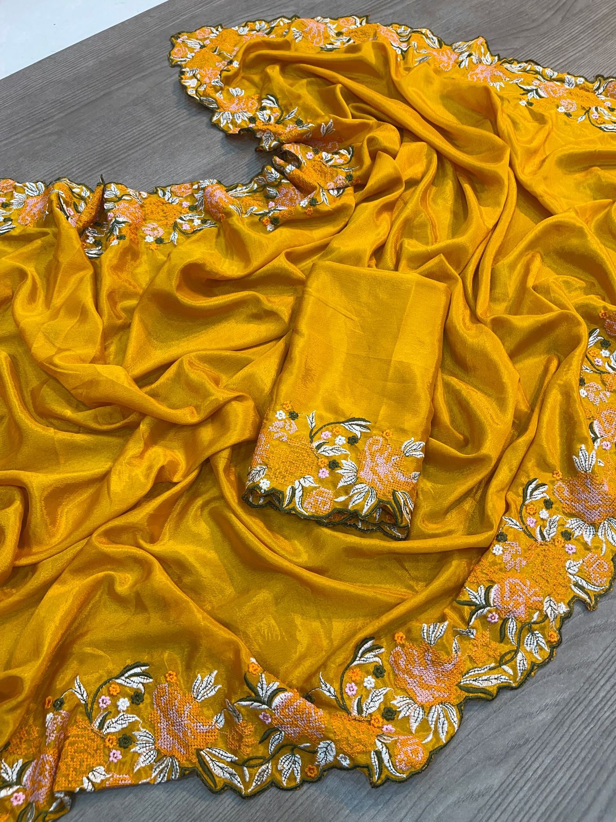 Premium Crochet Work Mustard Color Soft Georgette Silk Saree