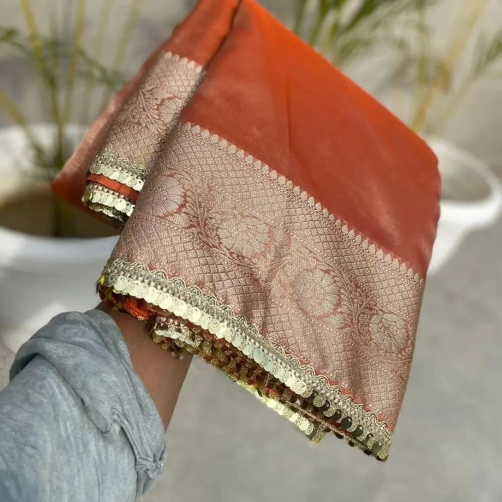 Rust Orange Janhvi Kapoor Inspired Tissue Silk Saree