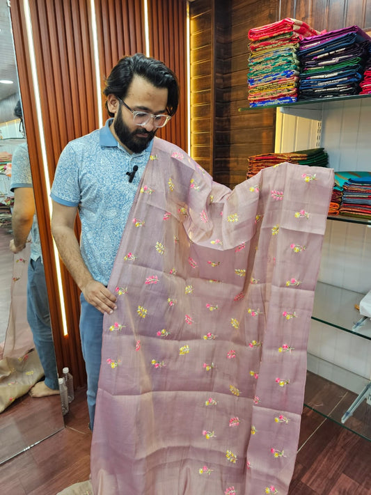 Tussar tissue Silk saree with floral thread work