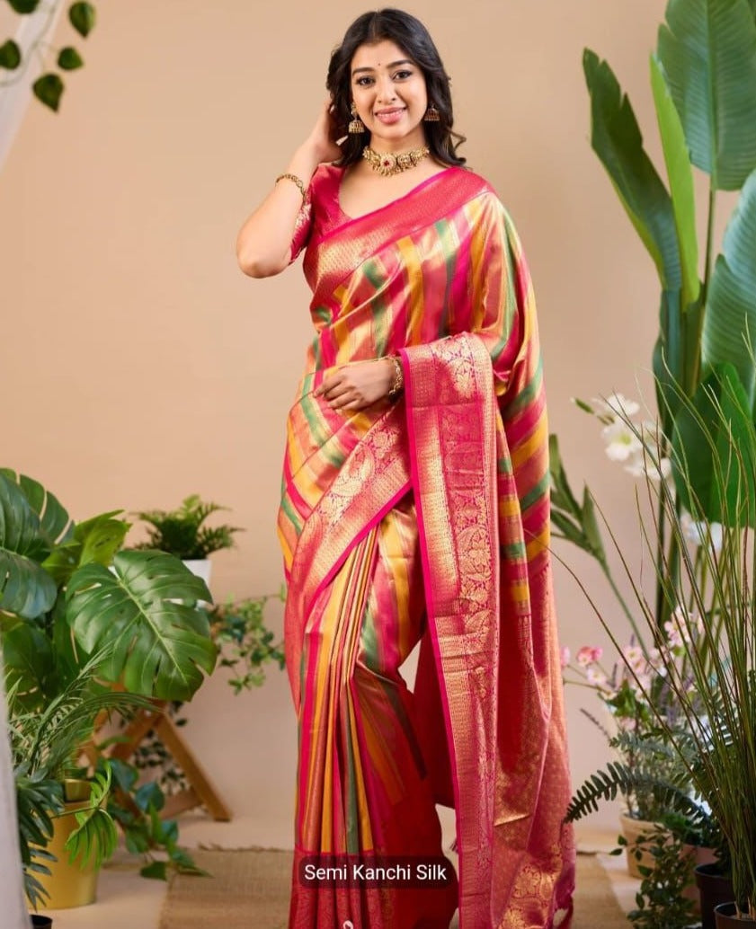 Semi kanchi silk saree with multicolour stripes