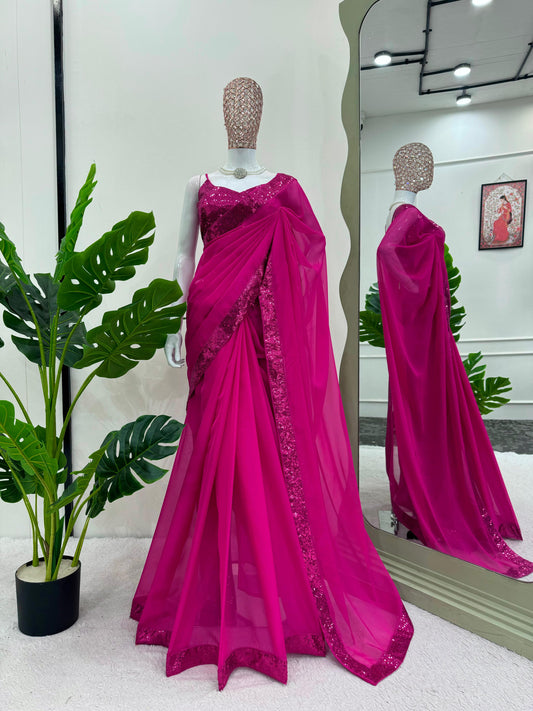 Pretty Barbie Pink Shade Shimmery Organza Designer Saree with Exclusive Glittery Designer Blouse