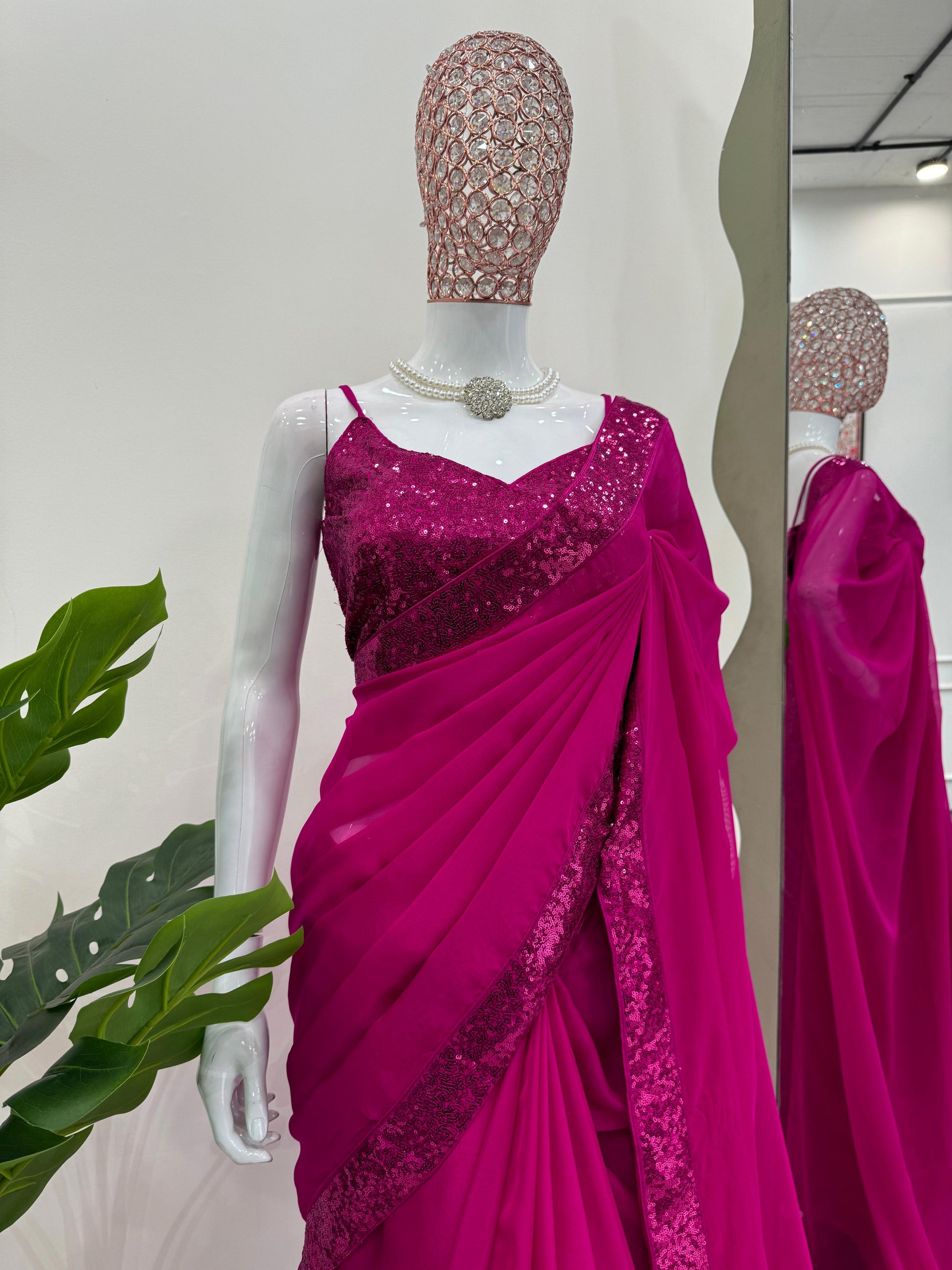 Pretty Barbie Pink Shade Shimmery Organza Designer Saree with Exclusive Glittery Designer Blouse