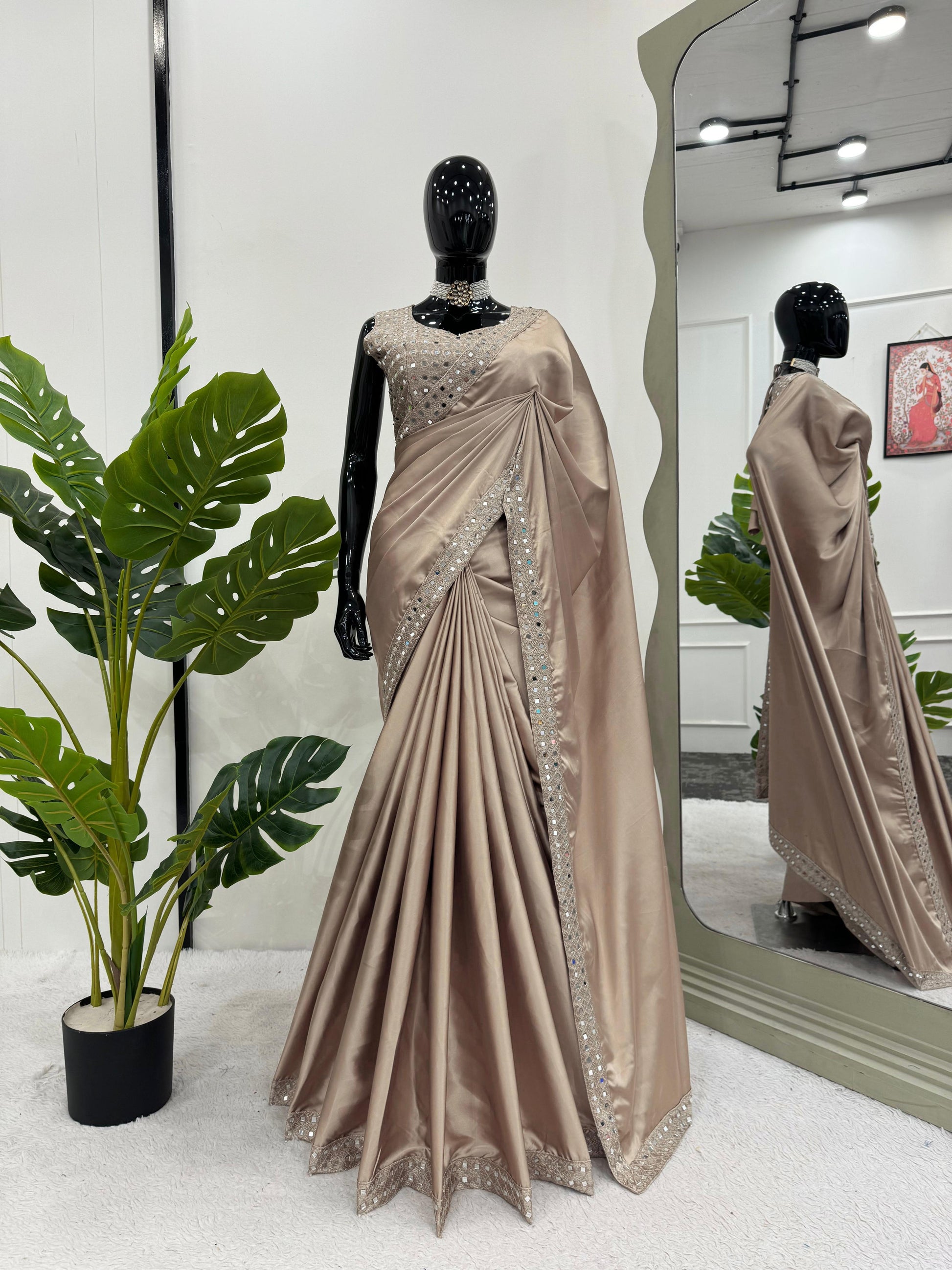 Light Beige Designer Premium Satin Saree