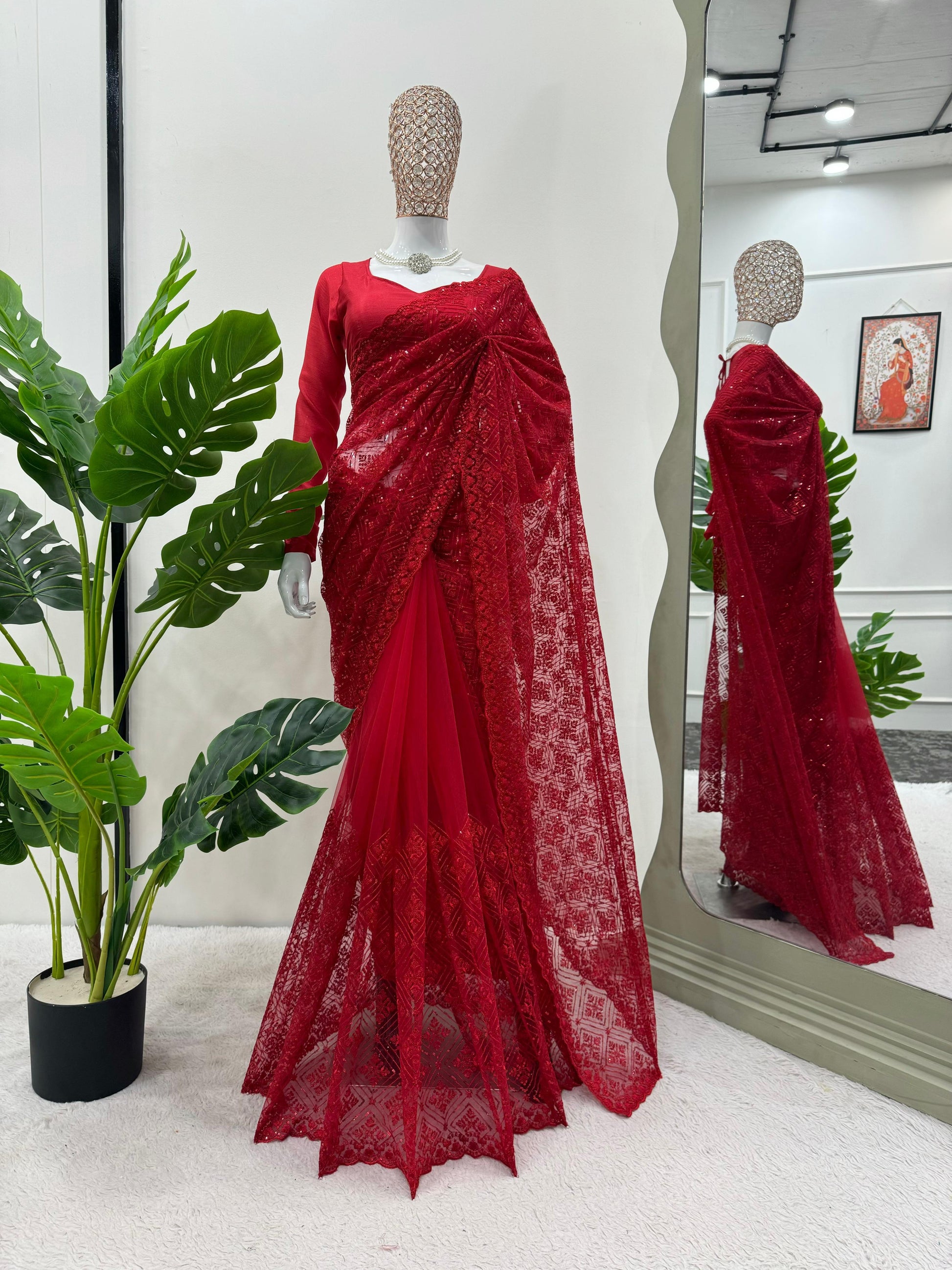  Carmine red designer Shimmery net saree