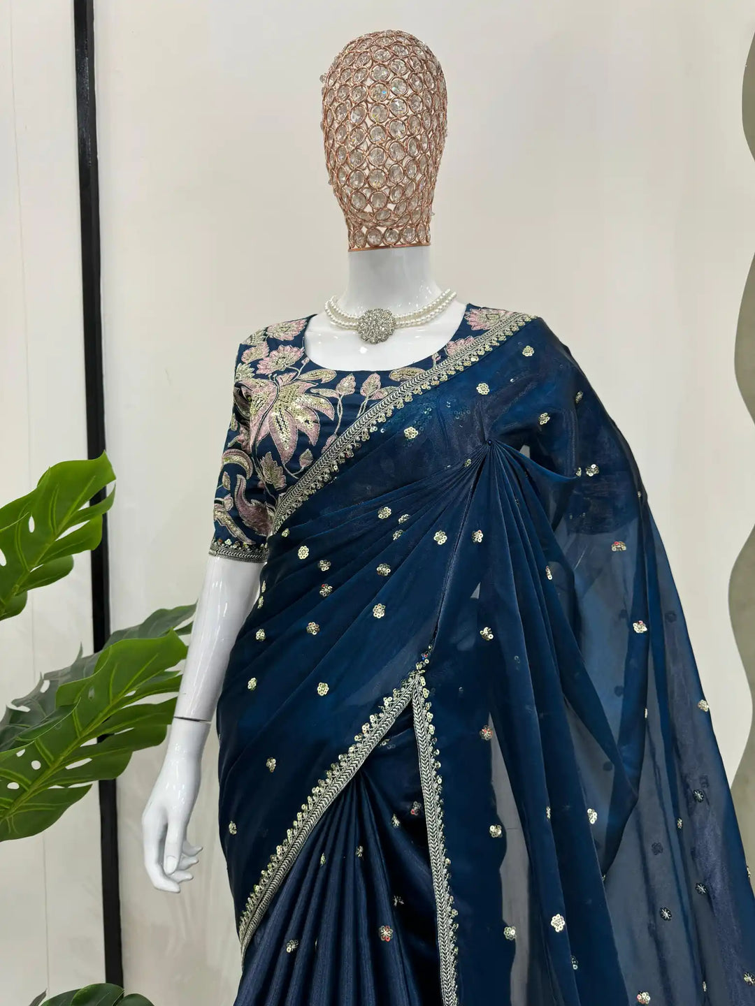 Bridal Blue Shimmery Organza Designer Saree