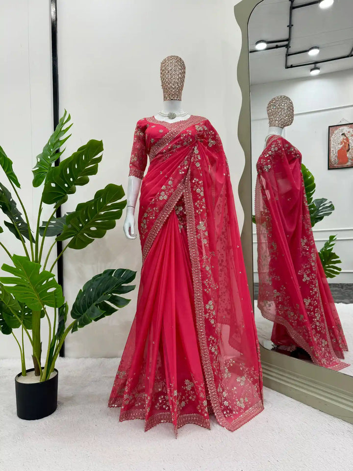 Baby Pink Shimmery Organza Designer Saree