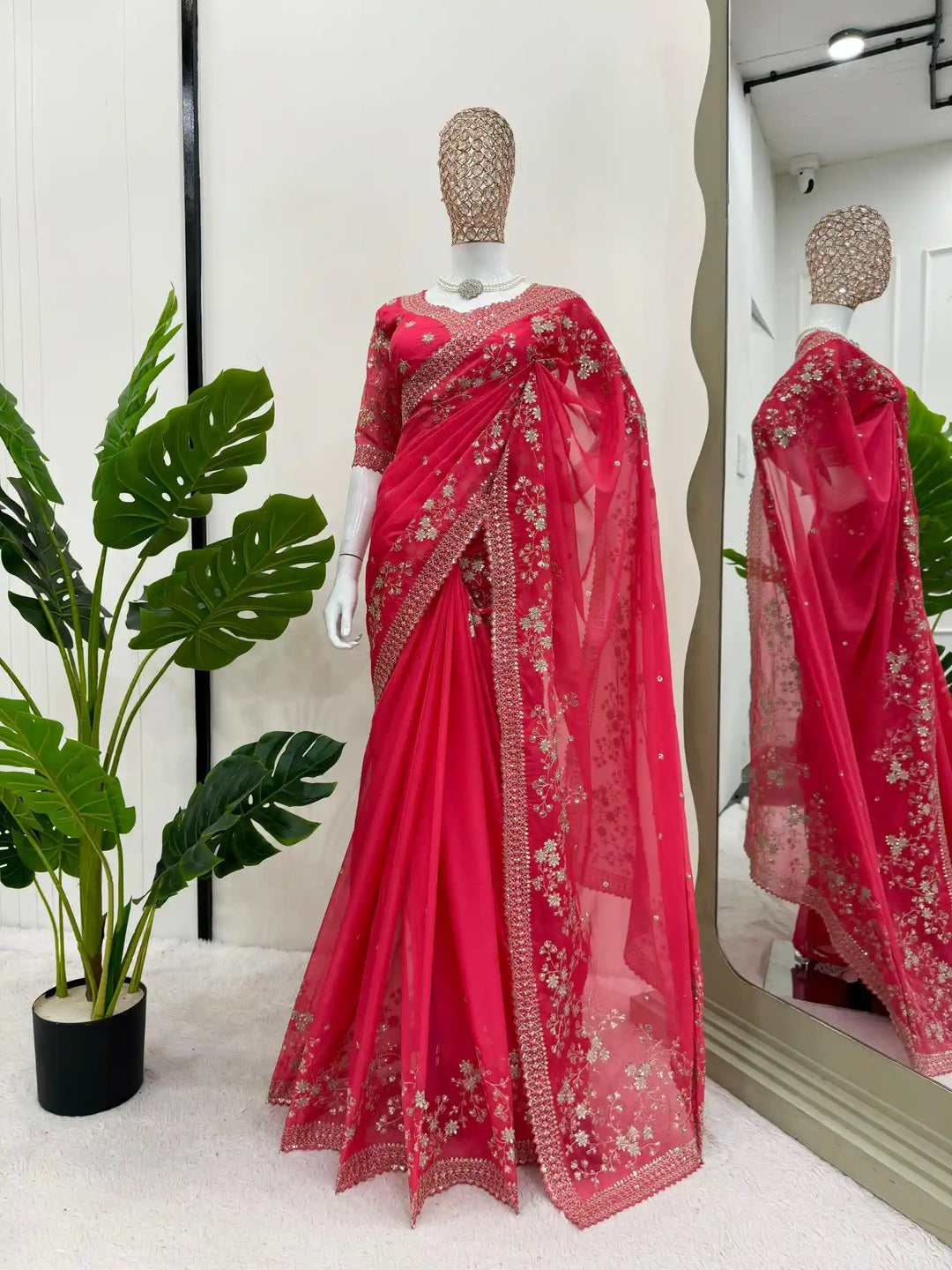 Baby Pink Shimmery Organza Designer Saree