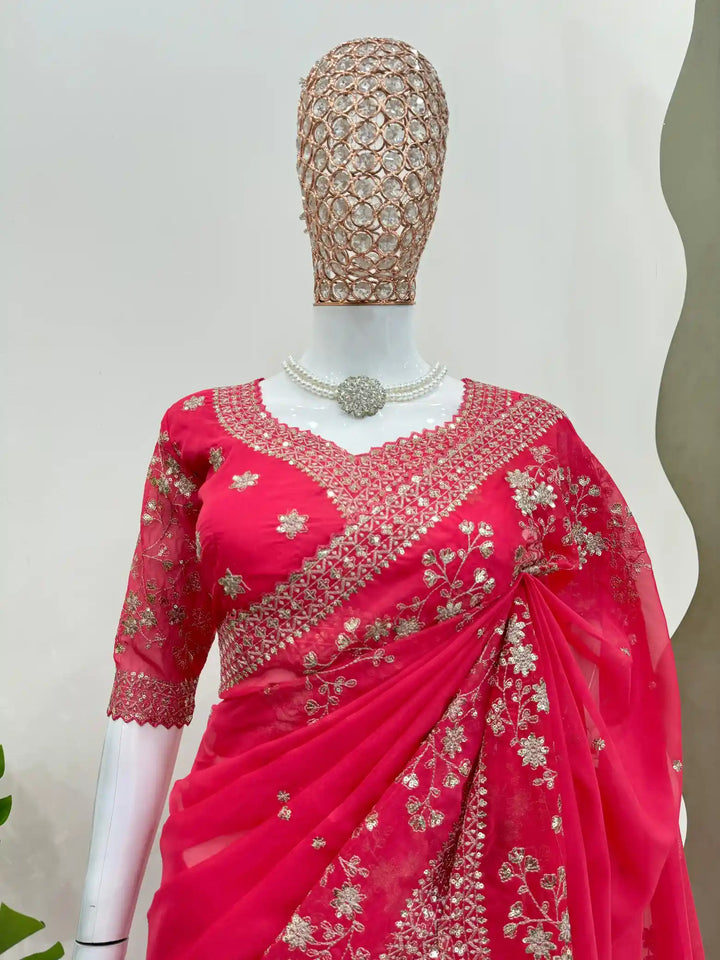 Baby Pink Shimmery Organza Designer Saree