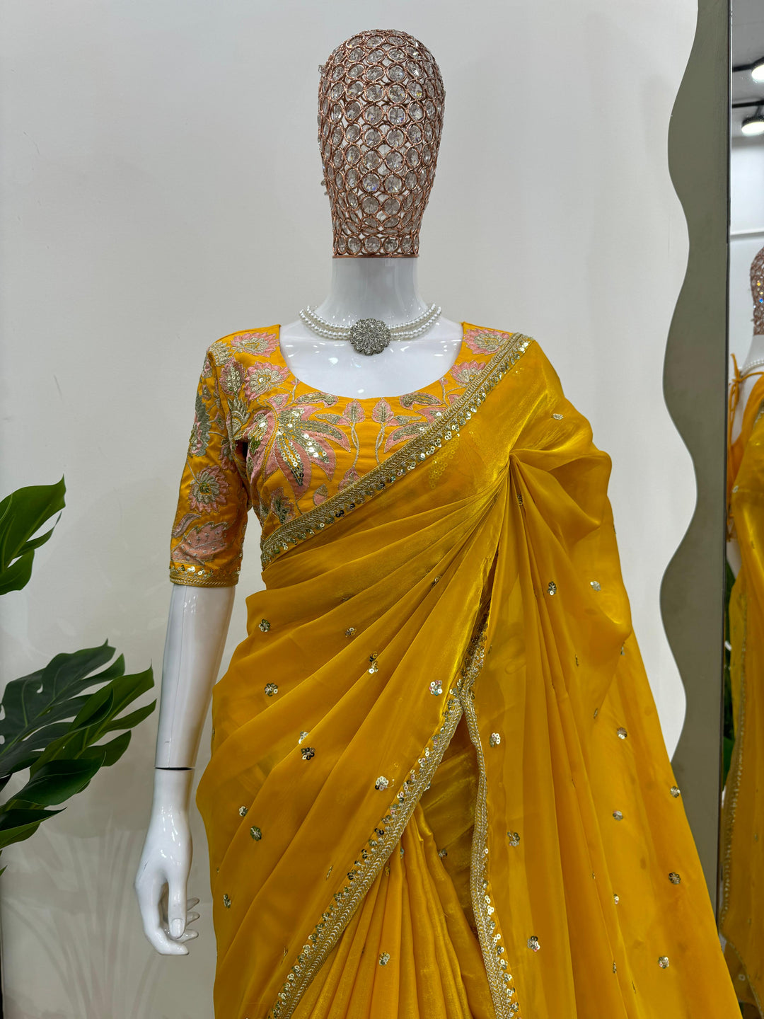 Bridal Yellow Colour Shimmery Tissue Designer Saree