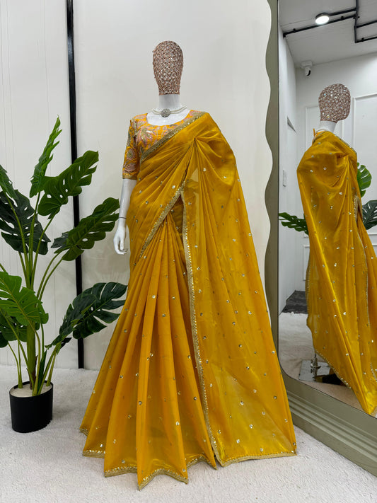 Bridal Yellow Colour Shimmery Tissue Designer Saree