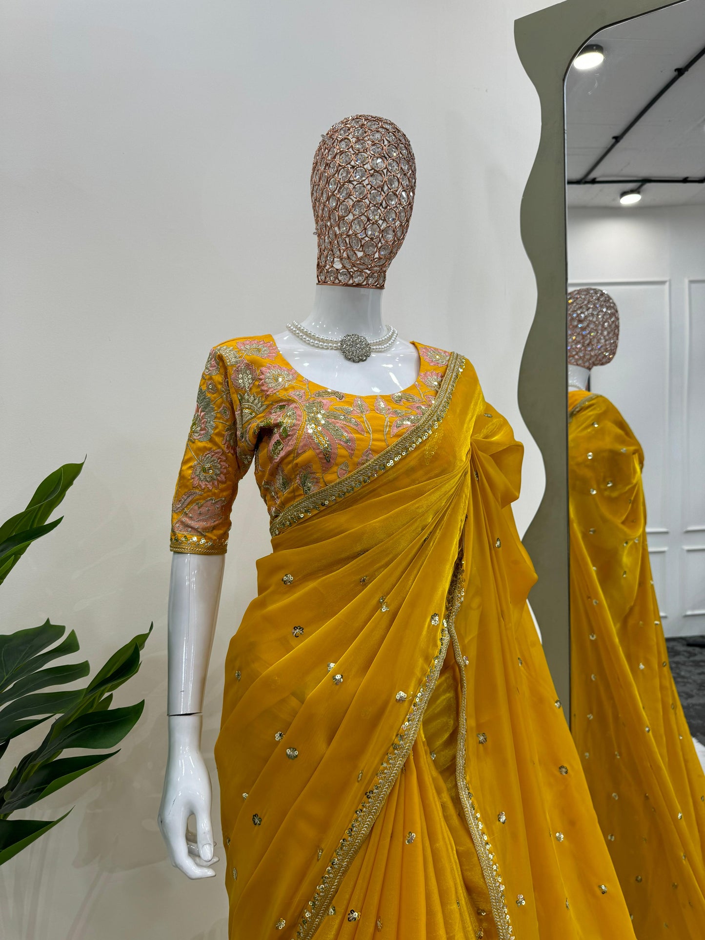 Bridal Yellow Colour Shimmery Tissue Designer Saree