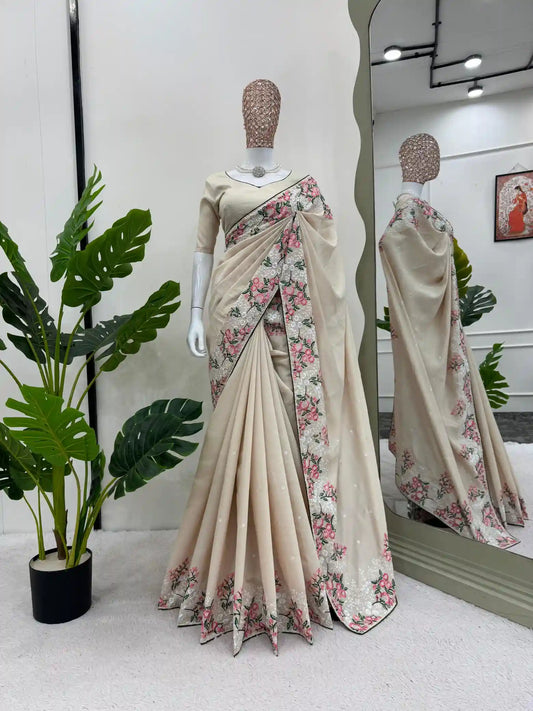 Ivory Color Premium Softsilk Handwork Embroidered Saree