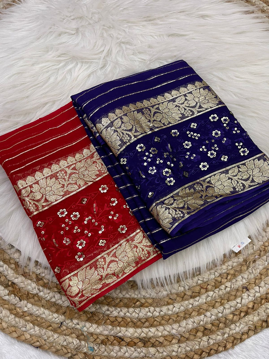 Viscose Georget Saree With Sequence Thread Panel Work