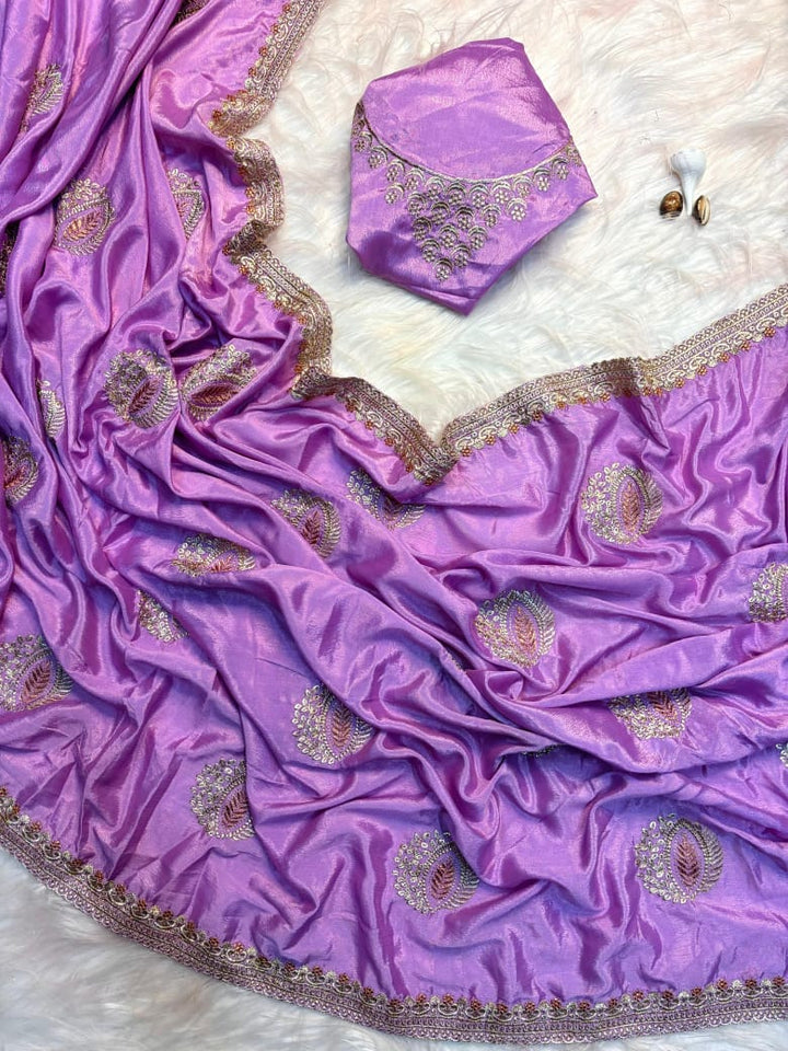 Premium Mashru Katan Silk Saree with Fancy Embroidery Work and Lace Work