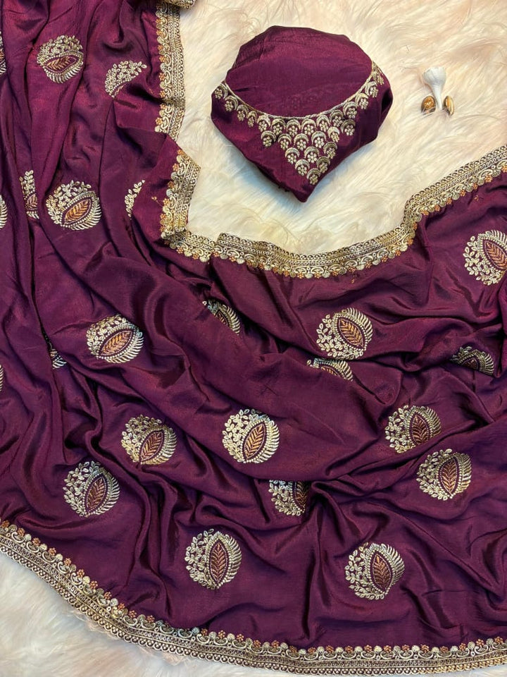 Premium Mashru Katan Silk Saree with Fancy Embroidery Work and Lace Work