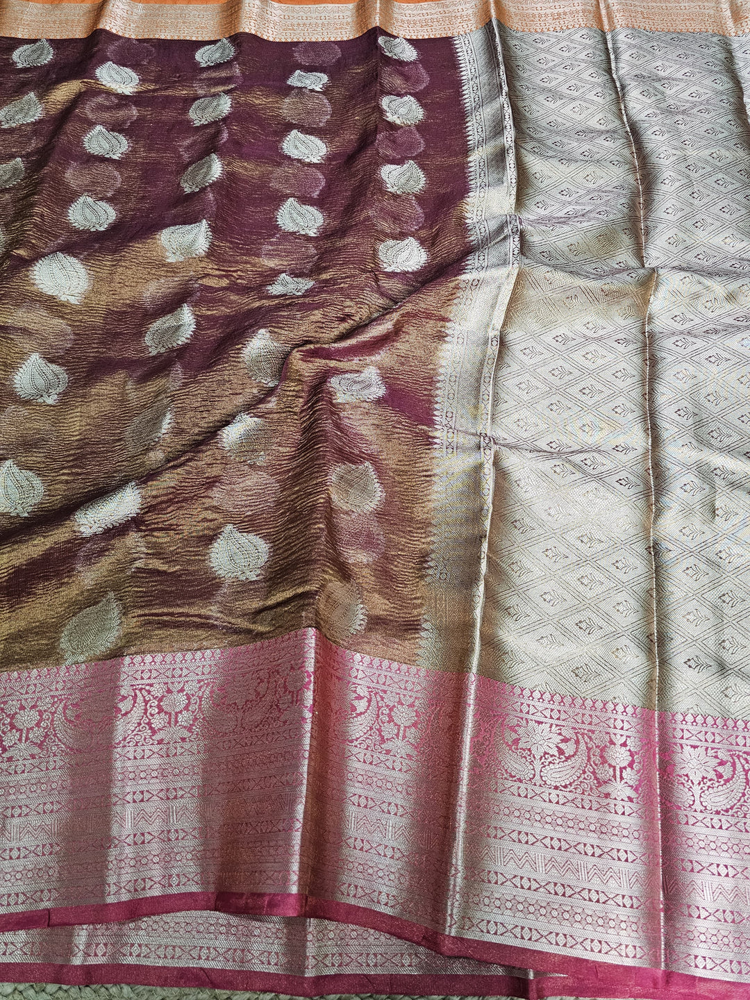 Exclusive Rust Brown Shade In Crush Tissue Silk Saree