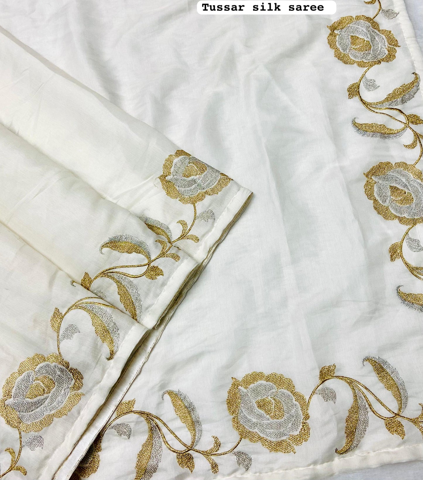 White Pure Tussar Silk Saree with Premium Crochet Embroidery work