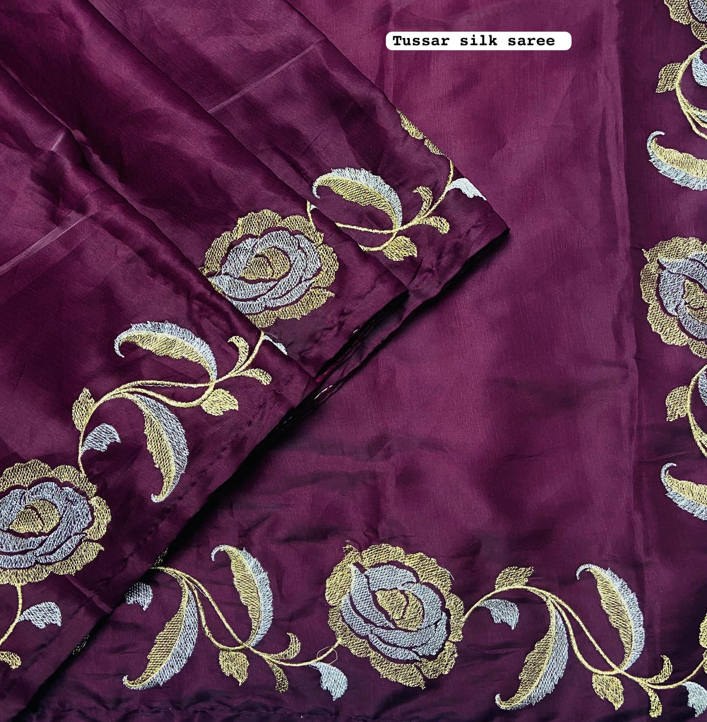 Dark Purple Pure Tussar Silk Saree with Premium Crochet Embroidery work