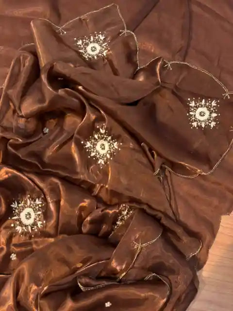 Chocolate Brown Satin Shimmery Tissue Silk Saree with Real Handwork