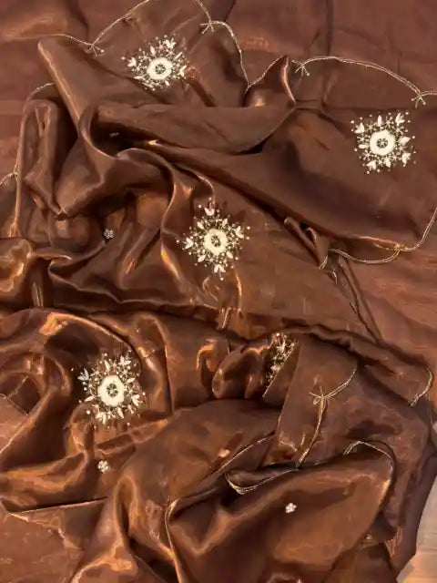 Chocolate Brown Satin Shimmery Tissue Silk Saree with Real Handwork