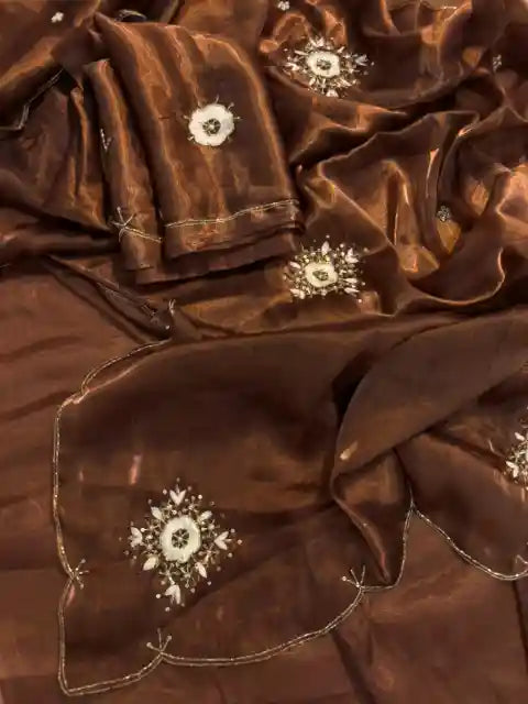 Chocolate Brown Satin Shimmery Tissue Silk Saree with Real Handwork