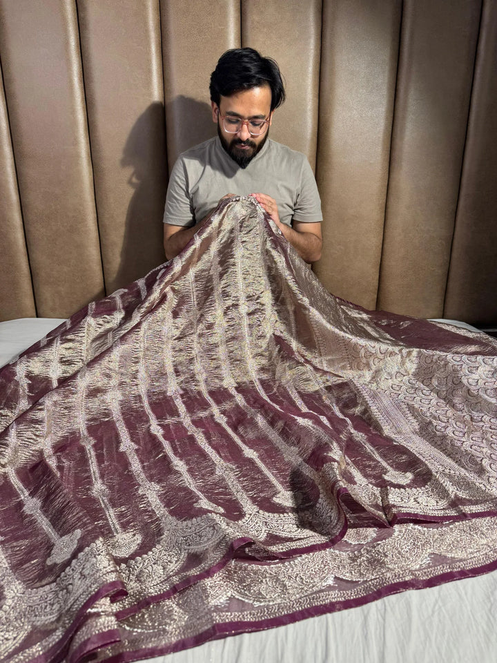 Rare Shade crush tissue silk saree with rich pallu and blouse