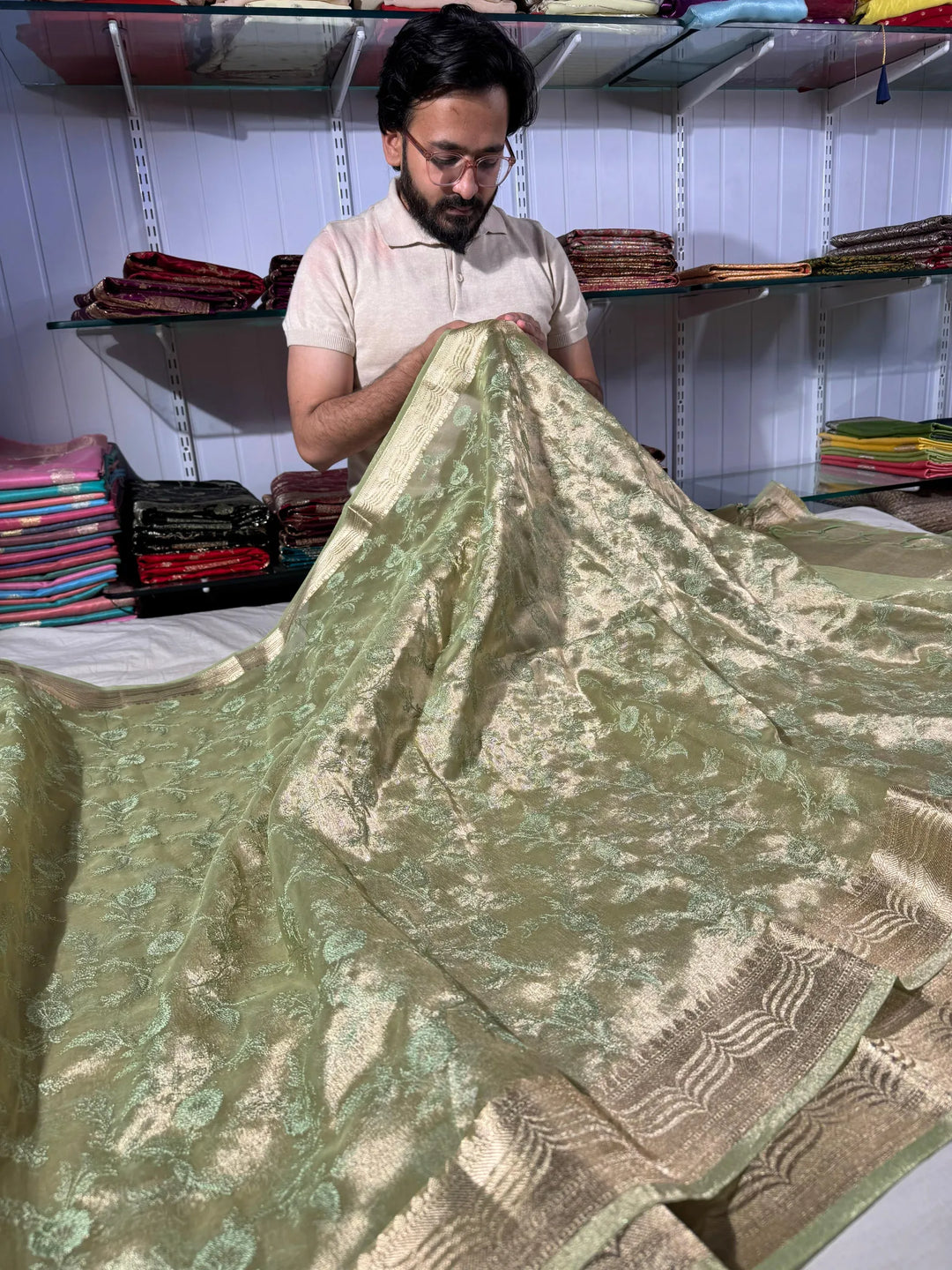 premium banarasi tissue saree with rich chikankari work
