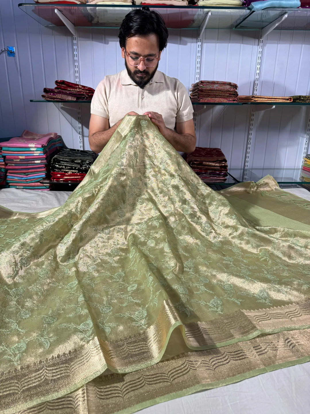 premium banarasi tissue saree with rich chikankari work